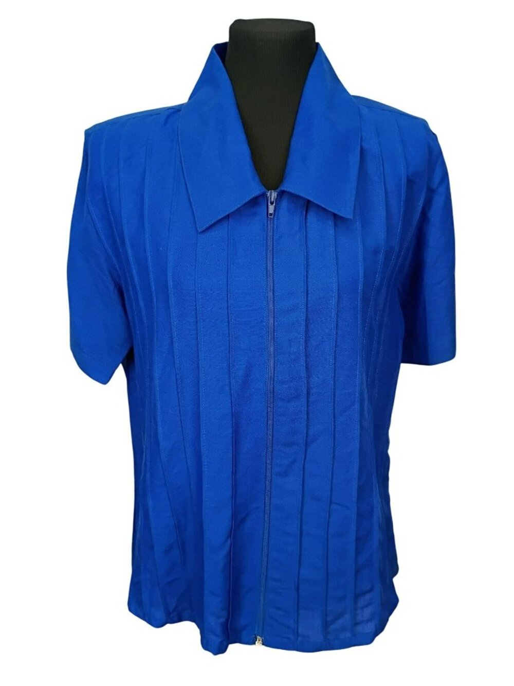 Marla Kim Womens Blue Short Sleeve Zip-Up Blouse XL Ramie Blend Made In Banglade